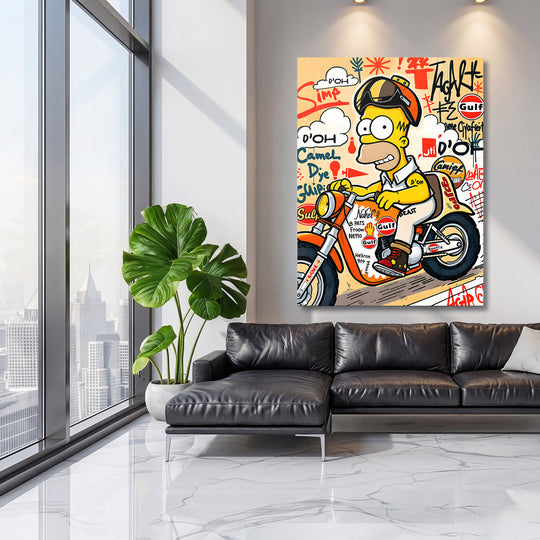 Pop art obraz na plátně s Homerem Simpsonem na motorce ve stylu graffiti v moderním obývacím pokoji