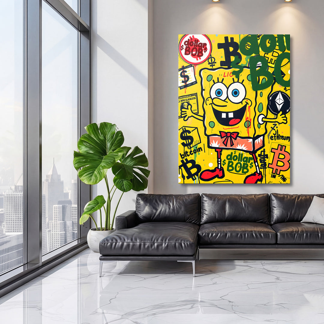 Pop art obraz na zeď do obýváku s motivačním SpongeBobem a kryptoměnami bitcoin a ethereum