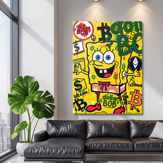 Pop art obraz SpongeBob s bitcoiny, dolary a ethereem nad černou koženou sedačkou v moderním obýváku