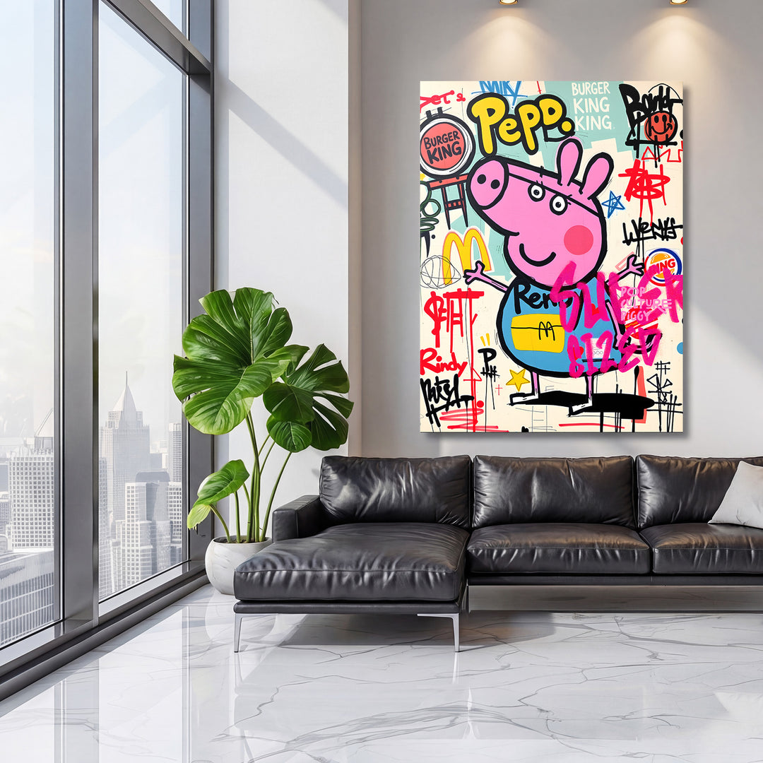 Pop art obraz na plátně s graffiti prasátkem a logem Burger King jako moderní dekorace do obýváku