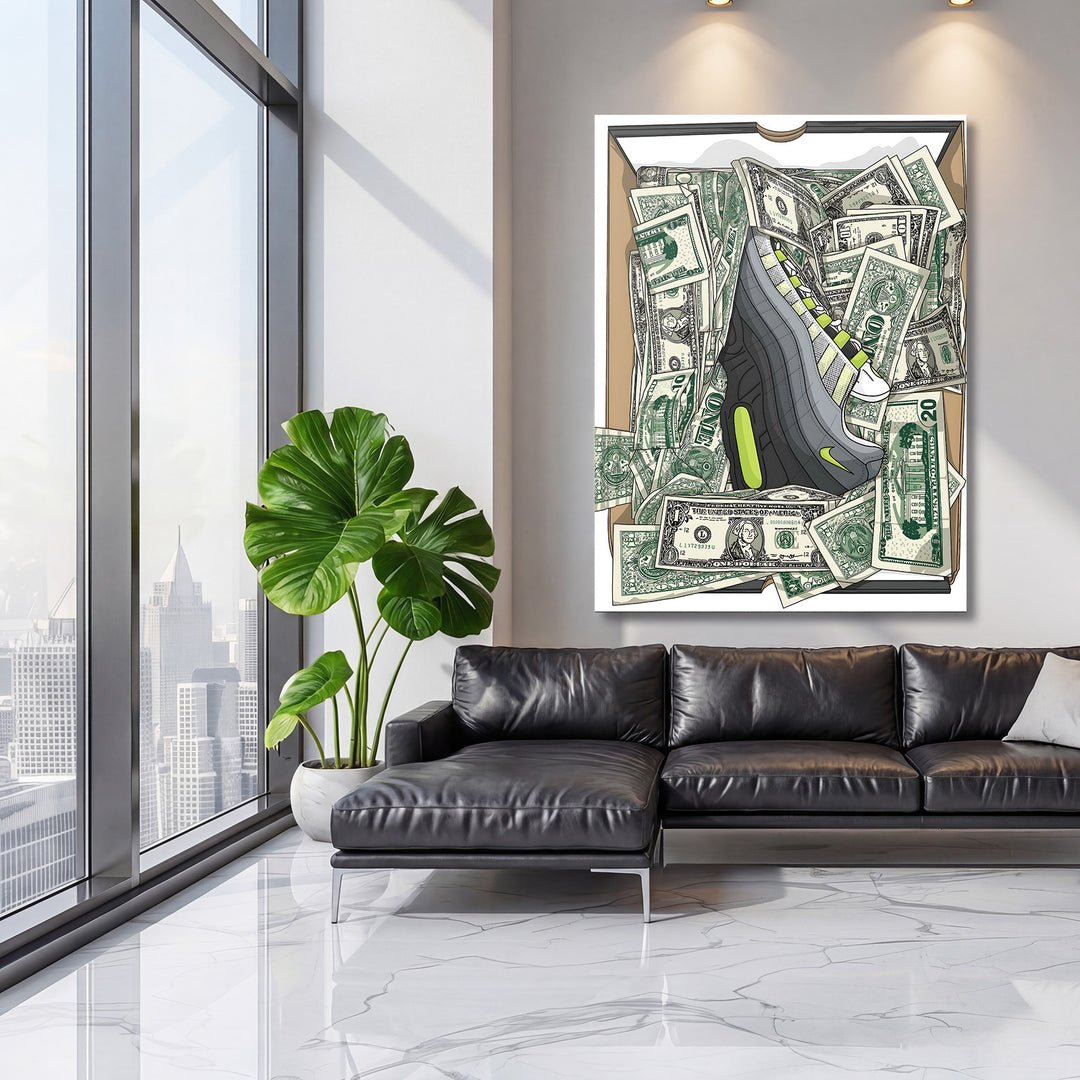 Moderní pop art obraz na plátně s teniskou Nike a motivem dolarů zavěšený v obývacím pokoji