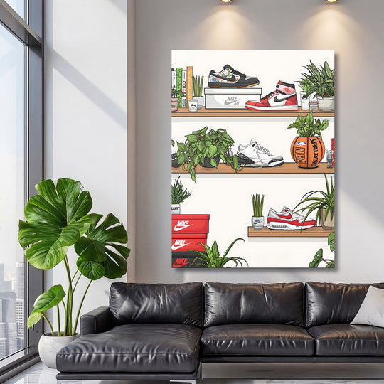 Pop art obraz na zeď s ilustrací Nike tenisek a zelených rostlin v moderním obývacím pokoji