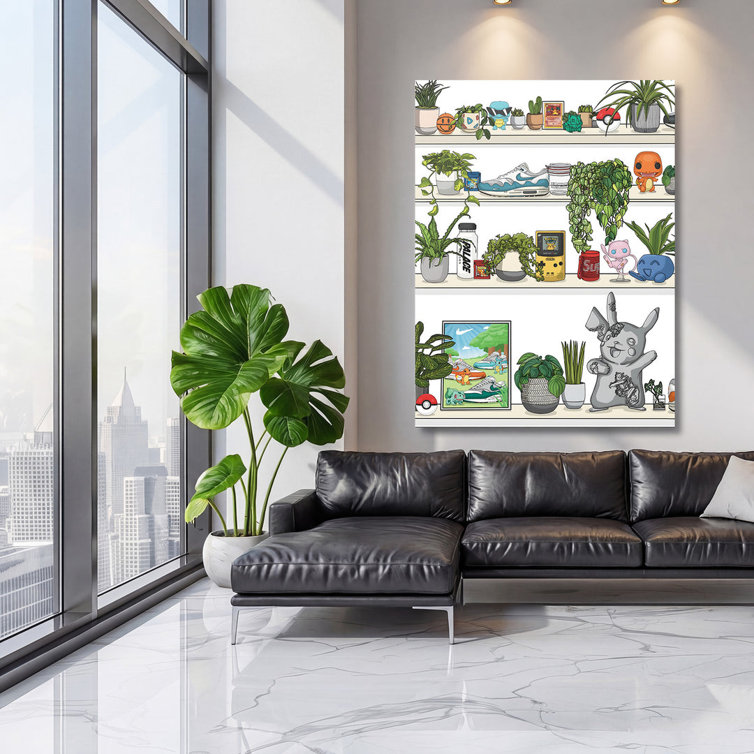 Motivační obraz na zeď s ilustrací poličky plné Pokémon figurek, pokojových rostlin a tenisek, moderní lifestyle decor