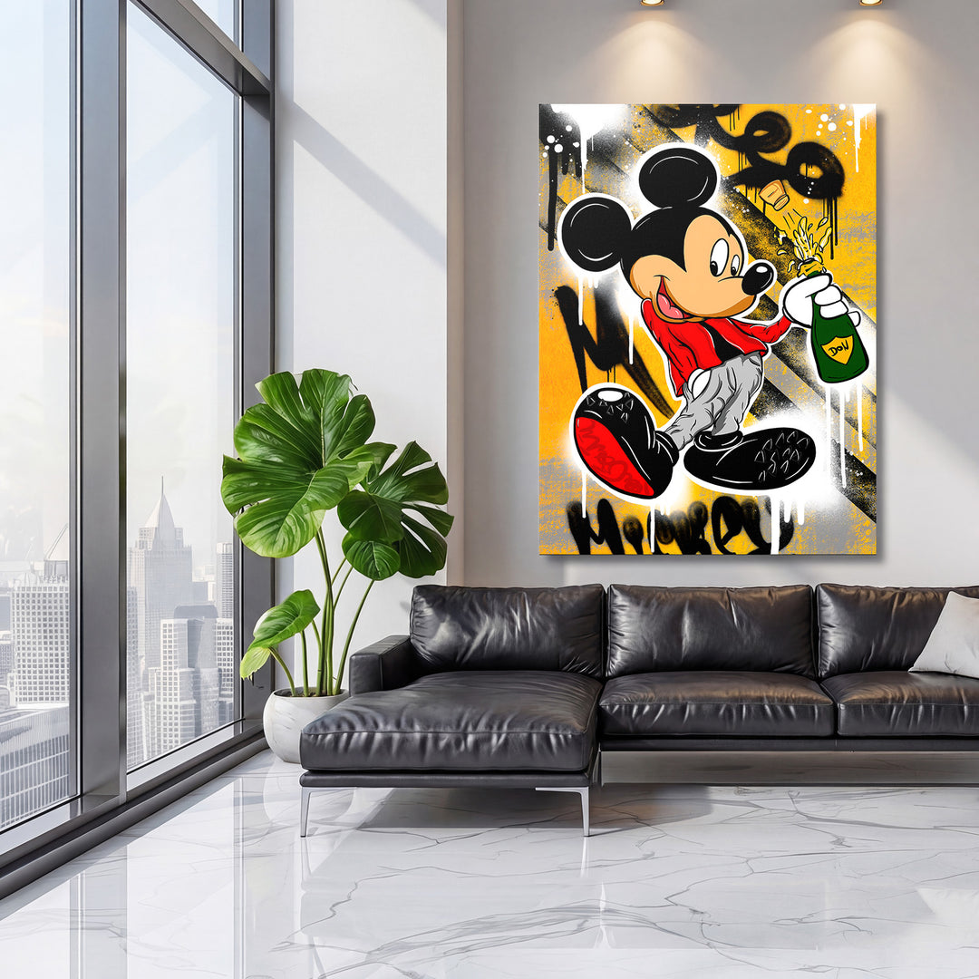 Pop art obraz myši se šampaňským na graffiti pozadí jako motivační obraz do obýváku