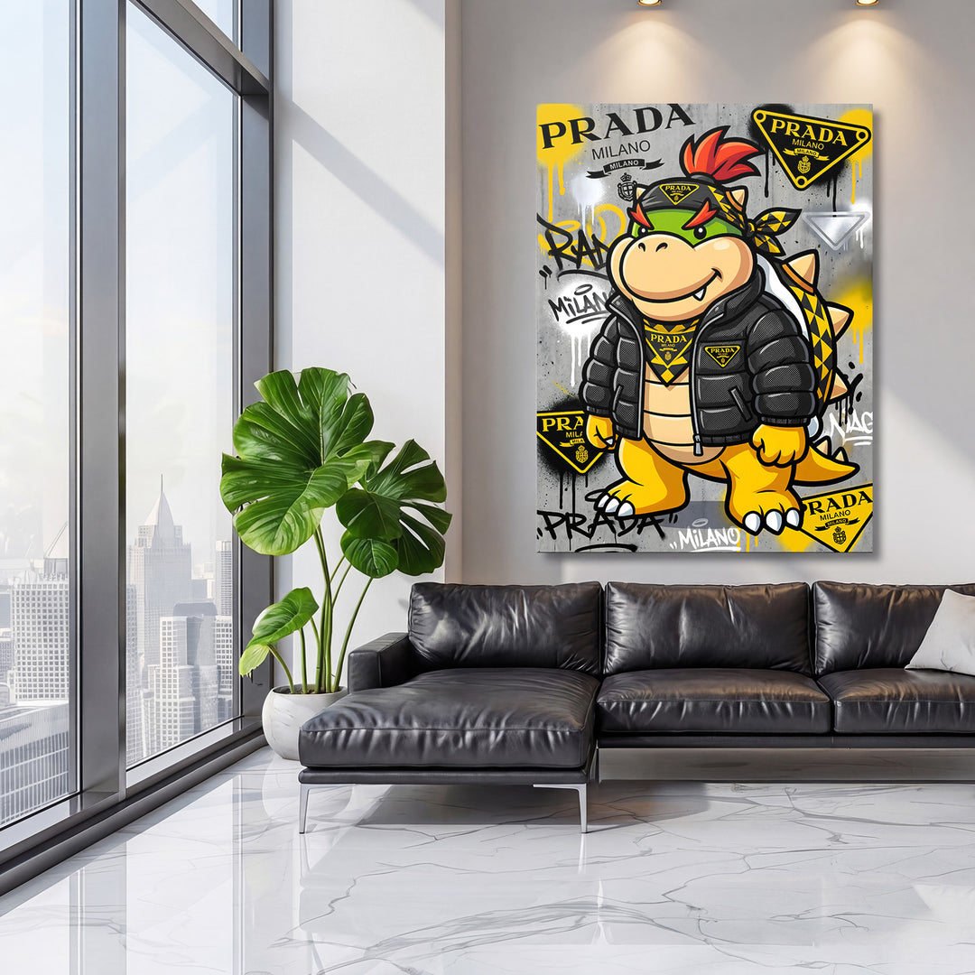 Pop art obraz na plátně s dinosaurem a logem Prada v moderním obývacím pokoji, graffiti street art háttg