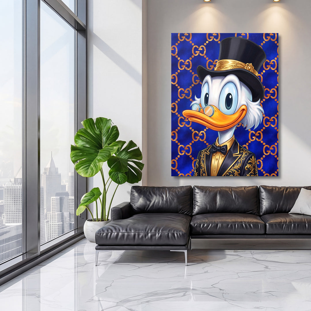 Motivační pop art obraz na plátně s kachnou v luxusním fraku zavěšený v moderním obýváku
