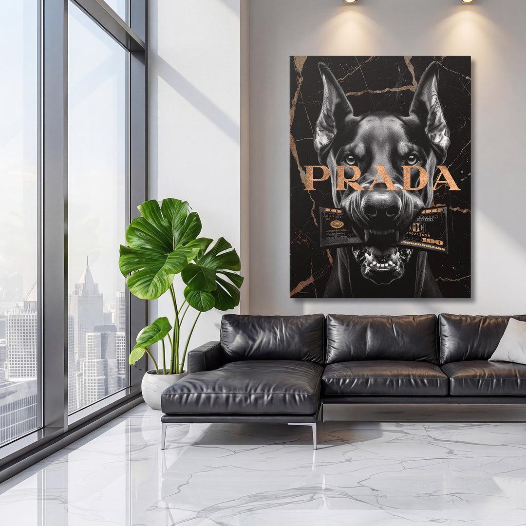 Motivační obraz na plátně s dobermanem a dolarovými bankovkami v luxusním moderním obývacím pokoji