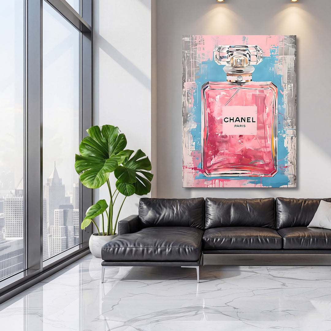 Pop art obraz růžové parfémové lahve na plátně, moderní dekorace do elegantního obývacího pokoje