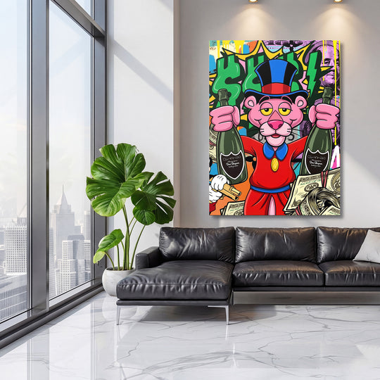 Pop art obraz Pink Panther v obýváku, šampaňské lahve a graffiti peníze jako motivační obraz na plátně