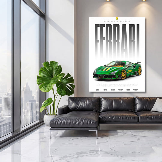 Luxusní obraz na zeď se zeleným Ferrari F8XX nad černou koženou sedačkou a pokojovou rostlinou v obýváku