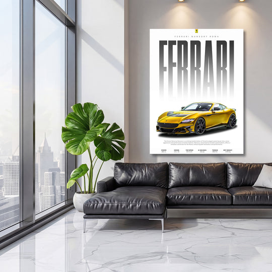 Motivační obraz na zeď se žlutým Ferrari v minimalistickém obývacím pokoji nad černou pohovkou