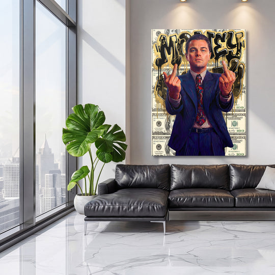 Motivační obraz na zeď s graffiti MONEY, dolarovými bankovkami a mužem v obleku v moderním street art stylu