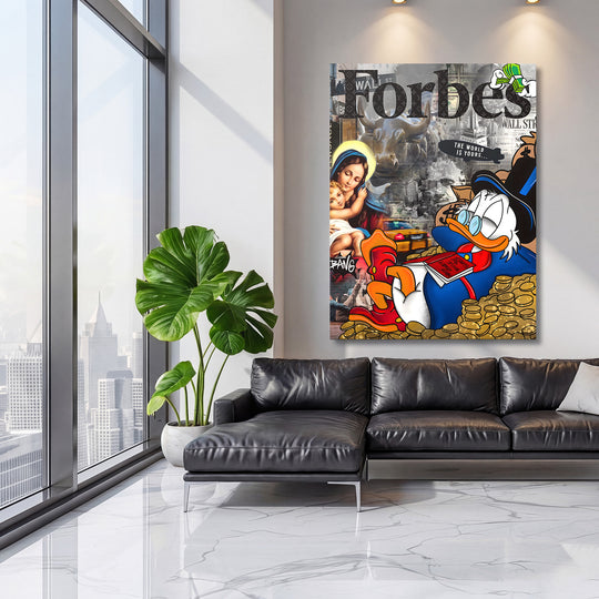 Pop art obraz Strýčka Skrblíka na hromadě zlatých mincí s koláží Wall Street, žlutých taxi a Madony
