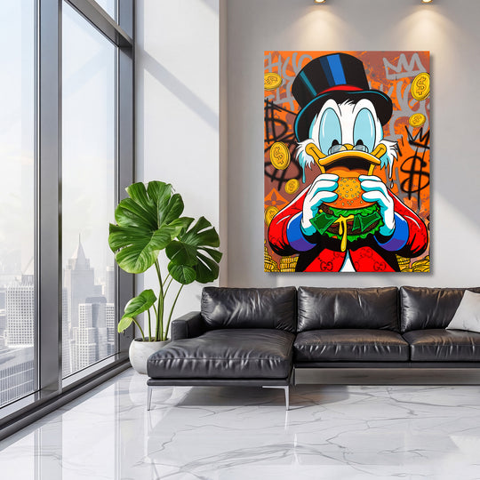 Motivační pop art obraz na zeď s Kačerem Skrblíkem, peněžním burgerem a graffiti v obýváku