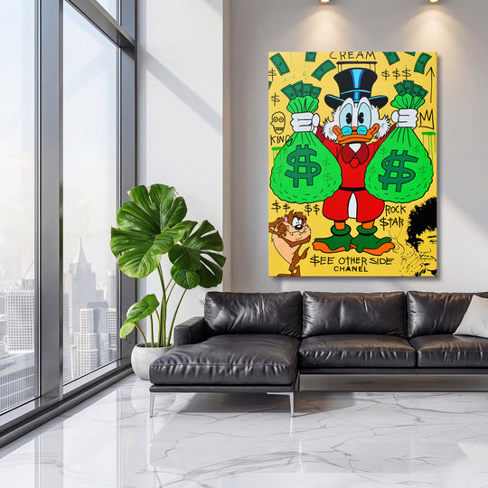 Pop art obraz Kačera Skrblíka s vaky peněz jako motivační obraz do moderního obývacího pokoje