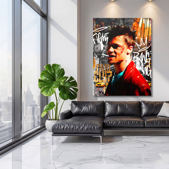 Motivační pop art obraz na plátně s portrétem bojovníka v červené bundě a městskou koláží v pozadí