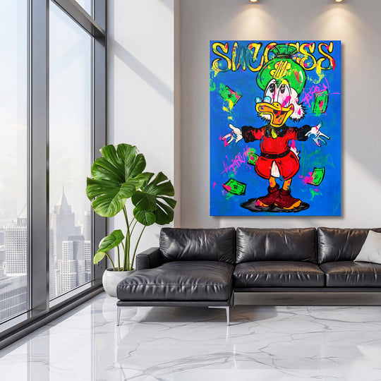 Pop art obraz na zeď do obýváku, kačer s létajícími bankovkami a graffiti nápisem SUCCESS