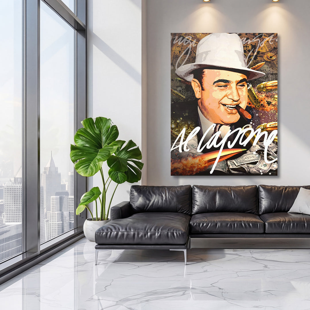 Pop art obraz Al Capone na plátně s kulkami a dolary jako motivační obraz do moderního obýváku