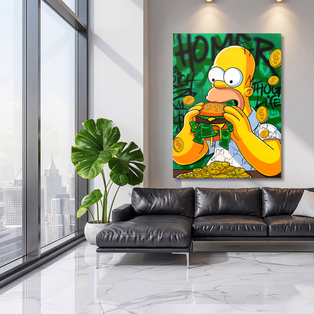 Pop art obraz na plátně s Homérem, jak jí burger plný bankovek a zlatých mincí na graffiti pozadí v obýváku