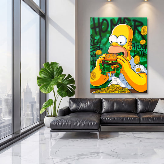 Pop art obraz na plátně s Homérem, jak jí burger plný bankovek a zlatých mincí na graffiti pozadí v obýváku