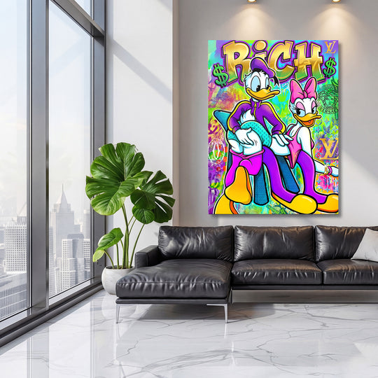 Motivační pop art obraz na zeď do obýváku s Donaldem, Daisy a graffiti motivem dolarů