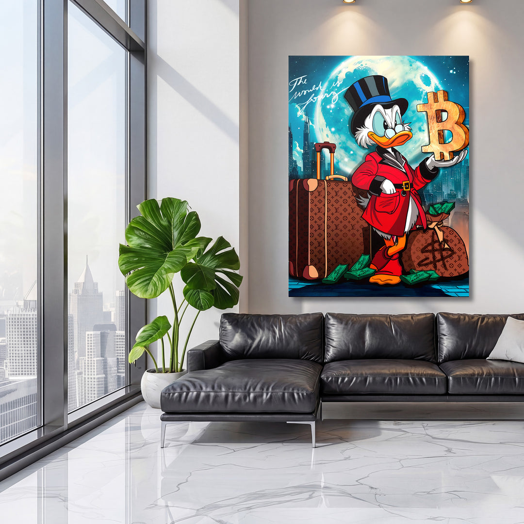 Motivační obraz na zeď s pop-art kačerem milionářem, bitcoinem a luxusními kufry plnými peněz