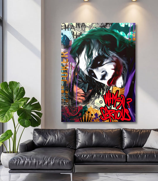 Motivační pop art obraz na zeď s klaunem, graffiti nápisem „Why so serious?“ a výraznými street art prvky