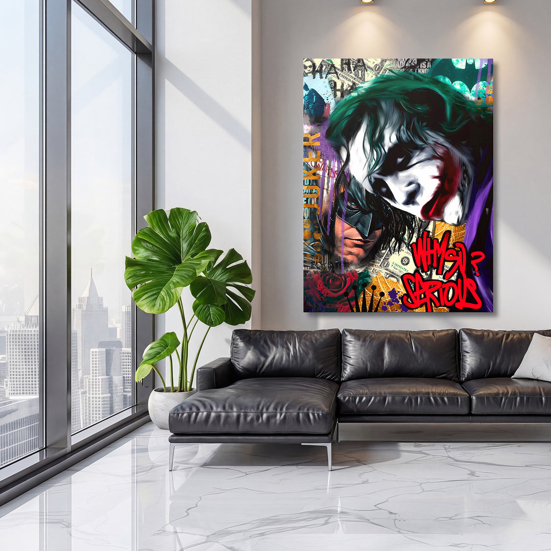 Motivační pop art obraz na plátně s Jokerem a Batmanem ve street art stylu v moderním obývacím pokoji