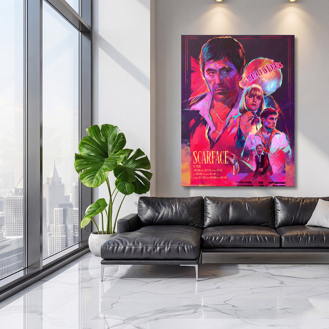 Pop art obraz Tonyho Montany s neonovým nápisem, motivační obraz na zeď v luxusním obývacím pokoji