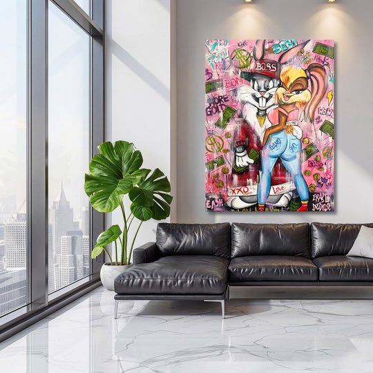 Pop art obraz na zeď do obýváku se zajícem a králíčkem, graffiti motivy peněz a dolarových symbolů