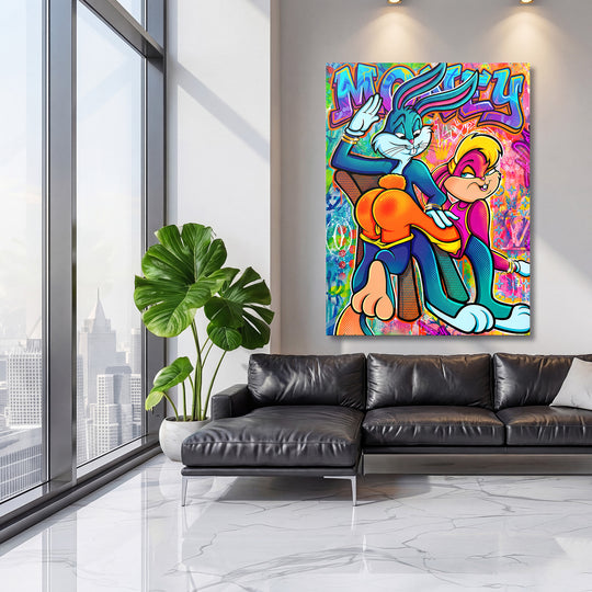 Motivační pop art obraz na zeď s králíky a graffiti street art v moderním obýváku