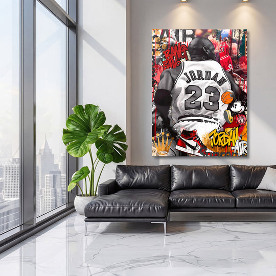 Motivační pop art obraz na plátně s Jordanem, basketbalovým motivem a street art graffiti v obývacím pokoji