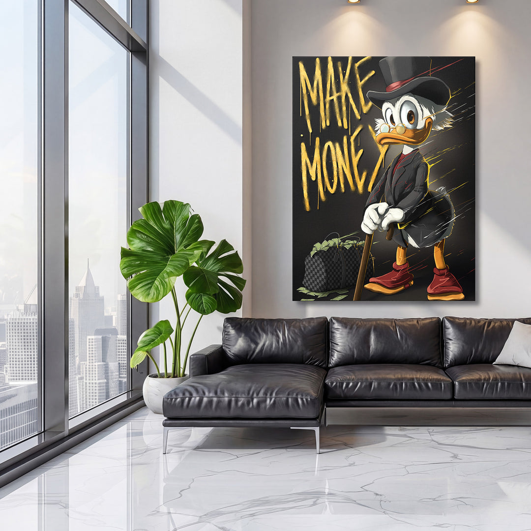 Pop art obraz kačera v cylindru s graffiti nápisem Make Money a motivem peněz v obývacím pokoji