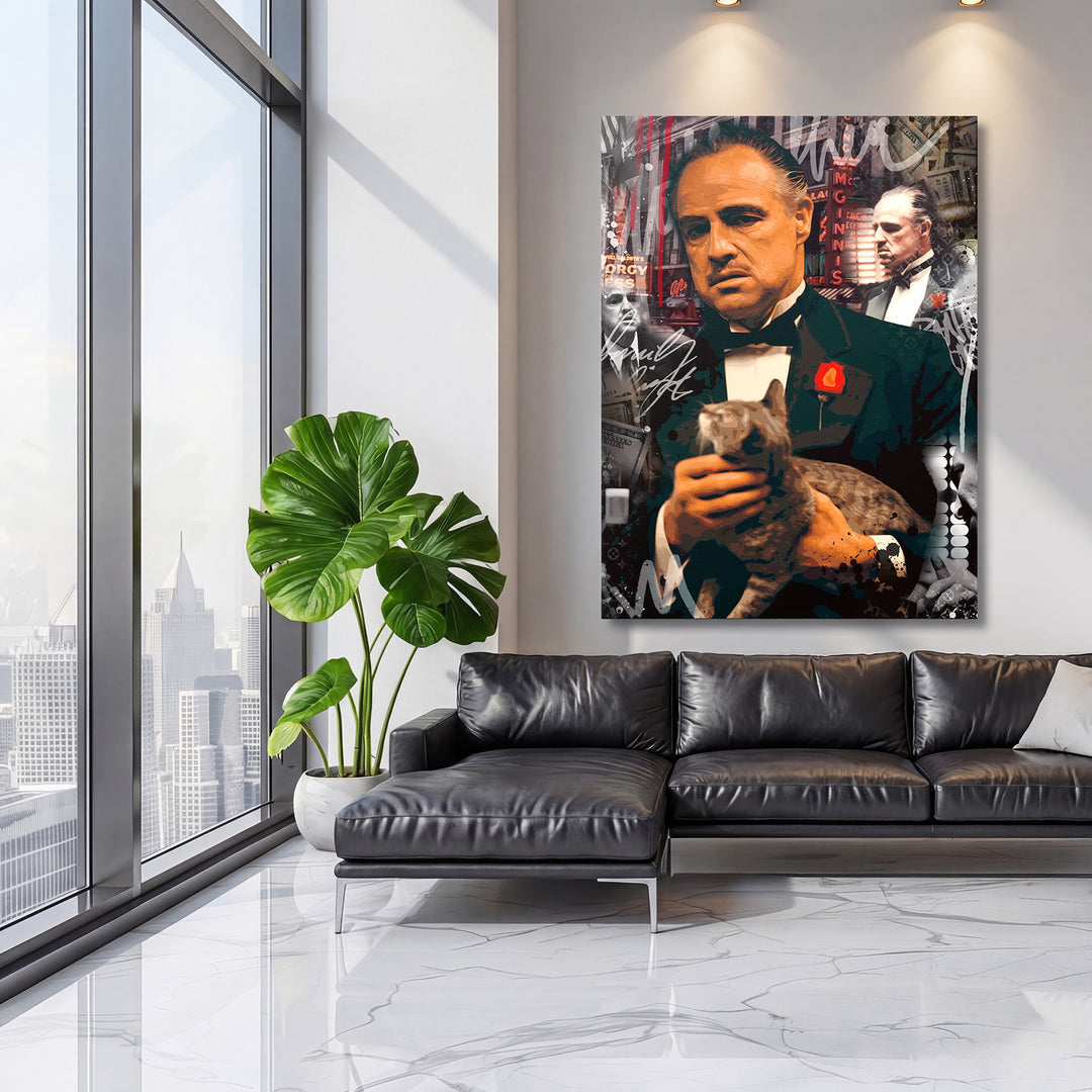 Pop art obraz muže v smokingu s kočkou, neonové motivy peněz, motivační obraz do obýváku
