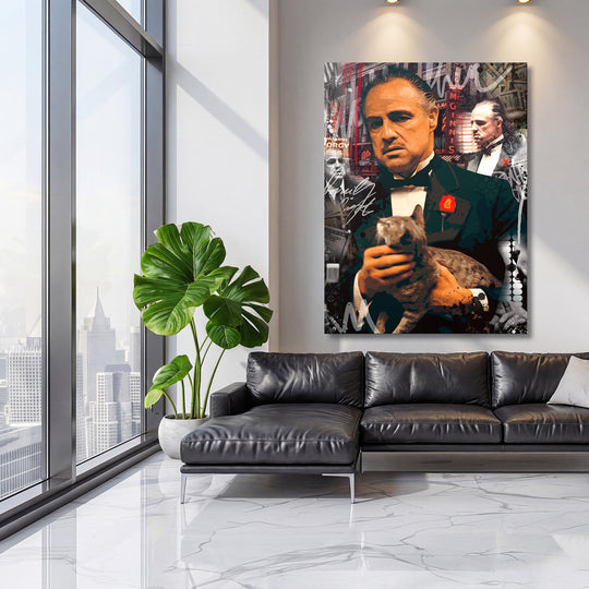 Pop art obraz muže v smokingu s kočkou, neonové motivy peněz, motivační obraz do obýváku