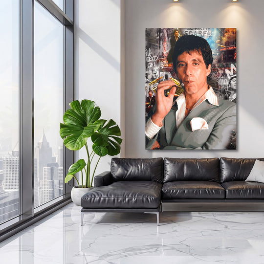 Motivační pop art obraz na plátně Scarface s graffiti a motivem peněz v obýváku