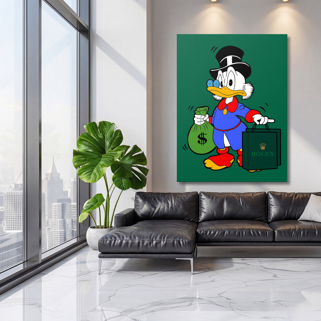 Pop art obraz kachny s pytlíkem peněz a taškou Rolex, motivační obraz na plátně do moderního interiéru