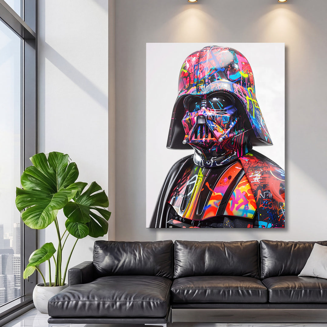 Moderní pop art obraz na zeď s graffiti sci-fi helmou nad černou koženou sedačkou v obýváku