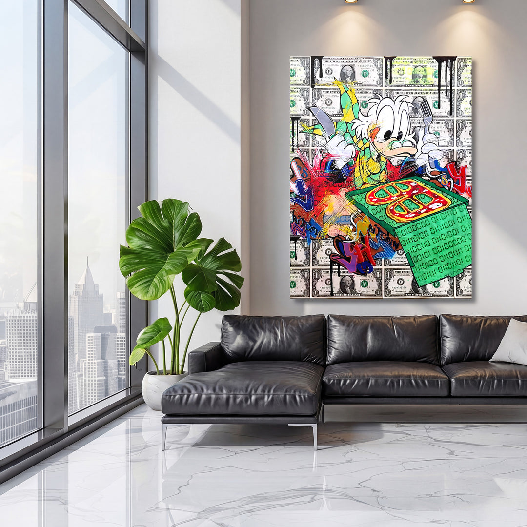 Pop art obraz kachny na pozadí dolarů, barevný street art motiv jako motivační obraz do obýváku