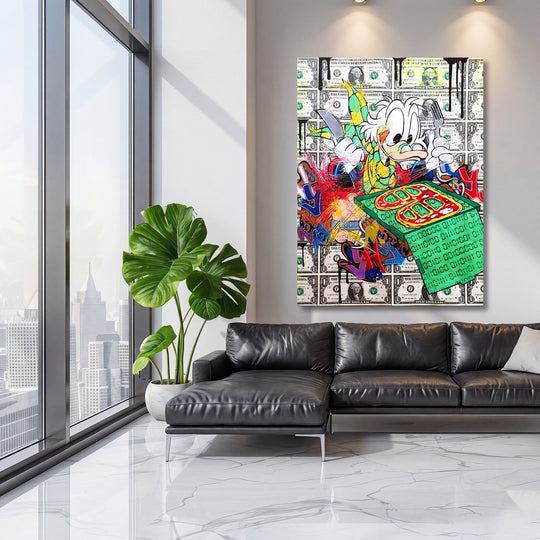 Pop art obraz kachny na pozadí dolarů, barevný street art motiv jako motivační obraz do obýváku