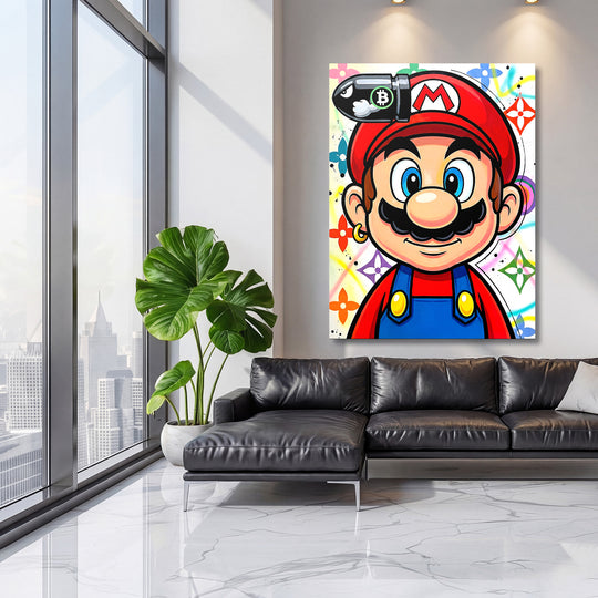 Pop art obraz na zeď do obýváku, motivační tvář s bitcoinovou ikonou v luxusní atmosféře