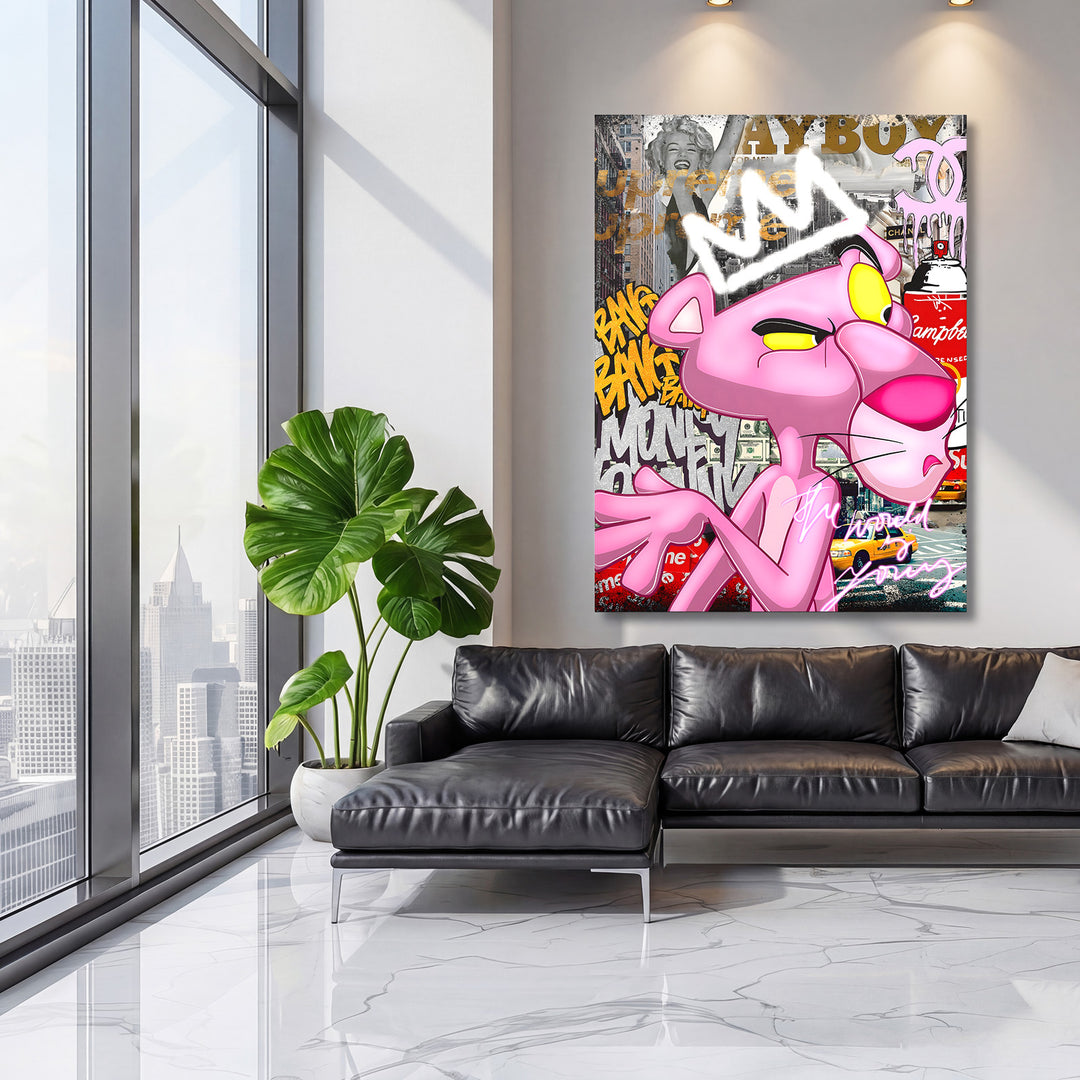 Pop art obraz Pink Panther s graffiti a bankovkami jako motivační obraz na zeď v moderním obýváku