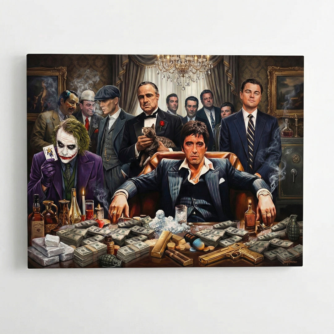 Motivační obraz v pop art stylu s koláží legendárních gangsterů, peněz, whisky a noční luxusní atmosféry