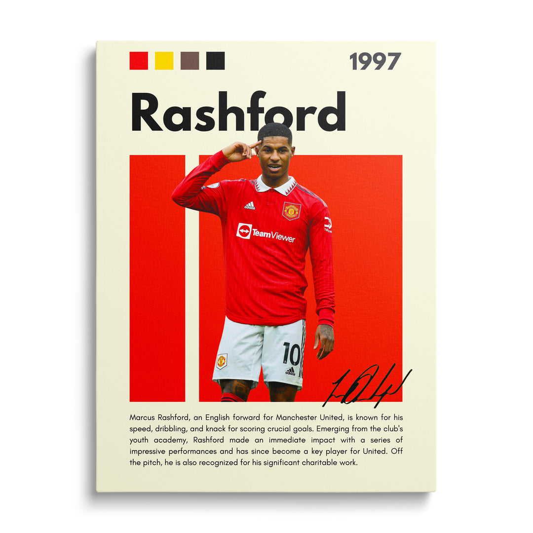 Motivační obraz na plátně s fotbalistou Manchester United v červeném dresu při dynamickém sportovním výkonu