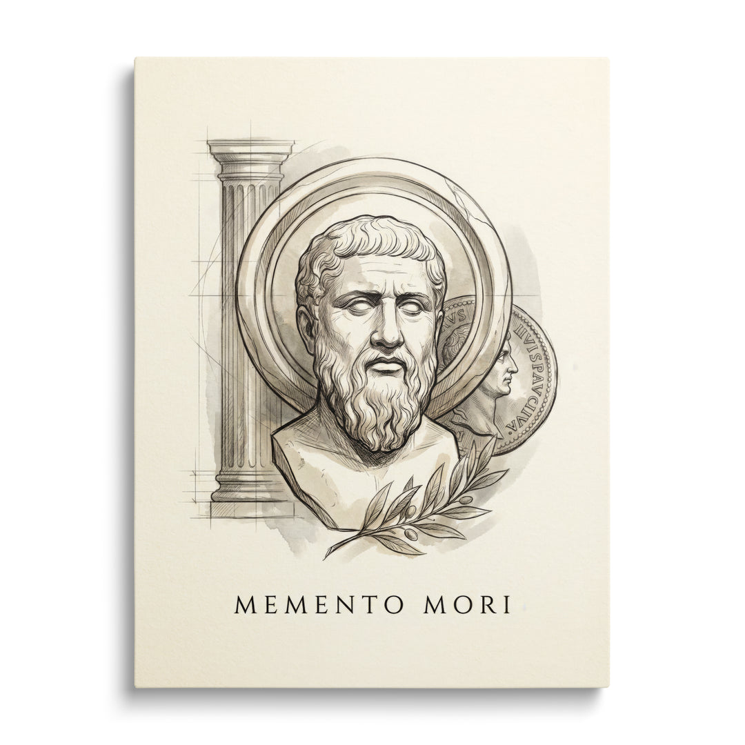 Motivační obraz na zeď s bustou antického myslitele, architektonickým sloupem, mincí a olivovou ratolestí