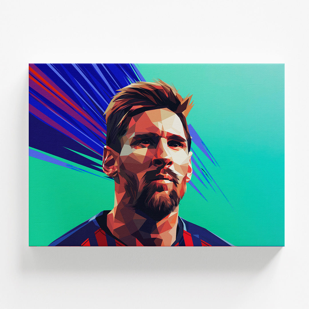 Pop art obraz na zeď s polygonovou ilustrací Lionela Messiho, obraz zepředu, dynamický barevný motiv