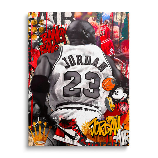 Motivační pop art obraz na plátně: basketbalista v dresu 23, teniska, graffiti prvky a Mickey Mouse