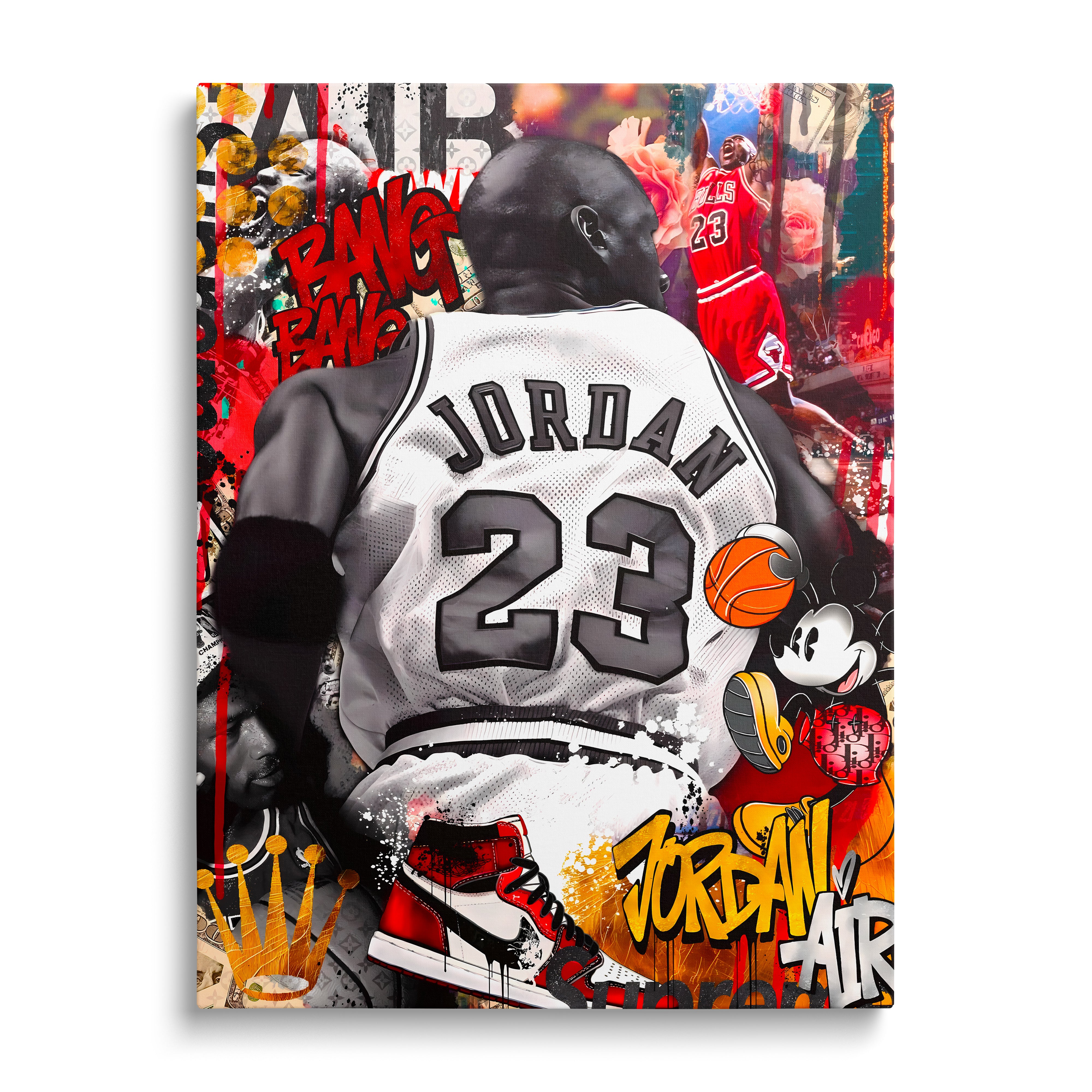 Motivační pop art obraz na plátně: basketbalista v dresu 23, teniska, graffiti prvky a Mickey Mouse