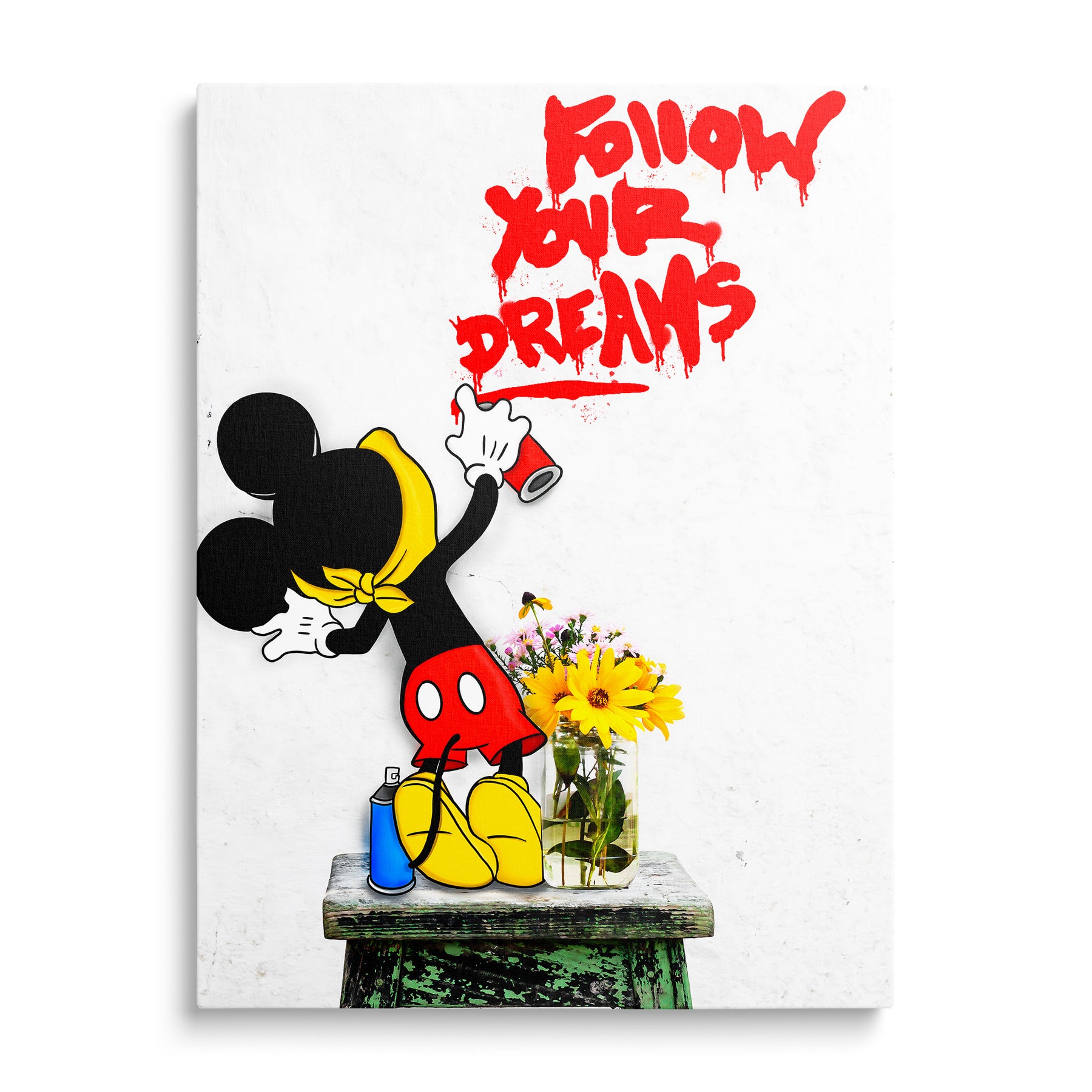 Motivační pop art obraz na plátně s graffiti myší stříkající červený nápis Follow Your Dreams zepředu