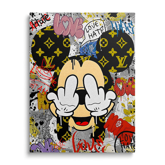 Frontální pop art obraz na plátně s Mickeym ukazujícím prostředníčky, graffiti motiv a luxusní monogram LV